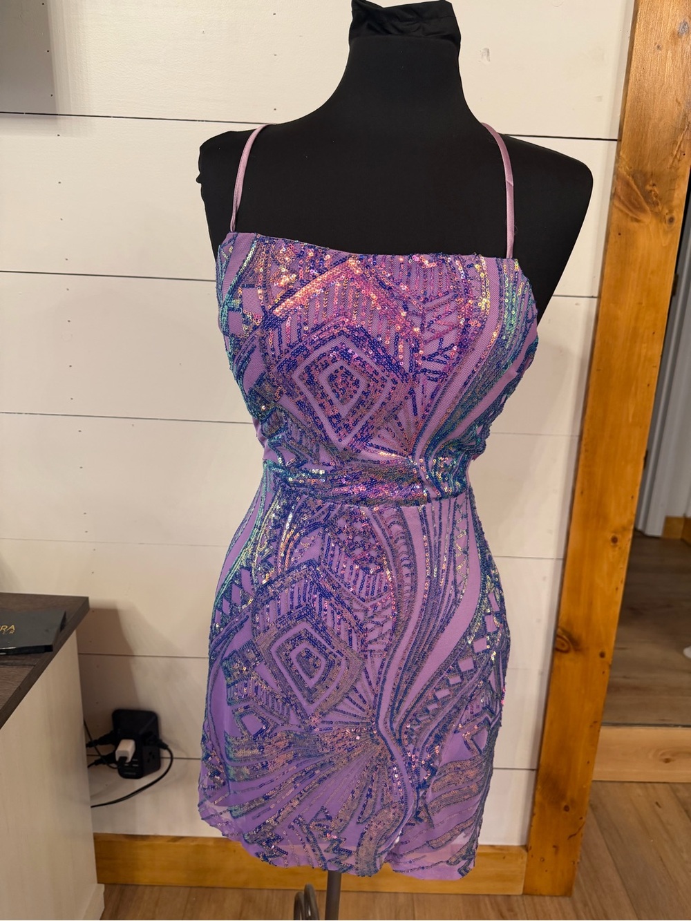 Francesca's Lavender Sequin Geometric Mini Dress